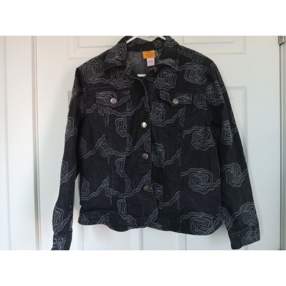 Ruby Rd Black Denim Jacket Rounded Edge Embroidered Abstract Design Size 16P EUC - Picture 1 of 6